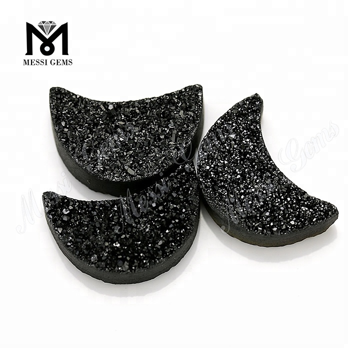 Piedra de moda de ágata druzy negra con forma de luna para colgante