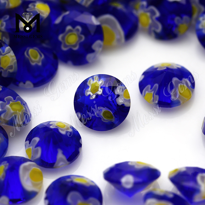 Piedra de cristal coloreada decorativa con flor azul redonda de 8,0 MM