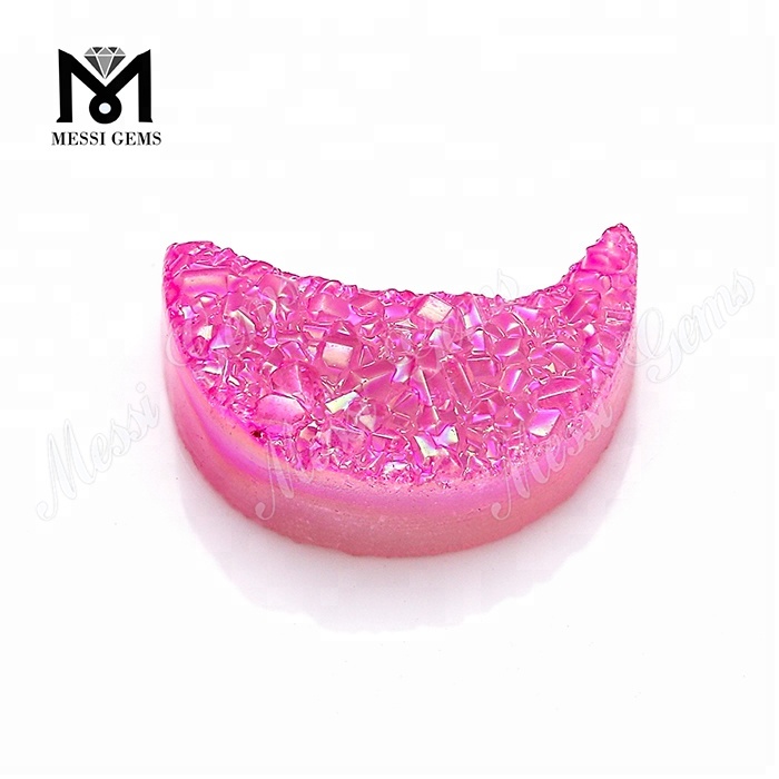 Venta al por mayor de ágata Druzy Stone Moon Shape Pink Color Natural Druzy
