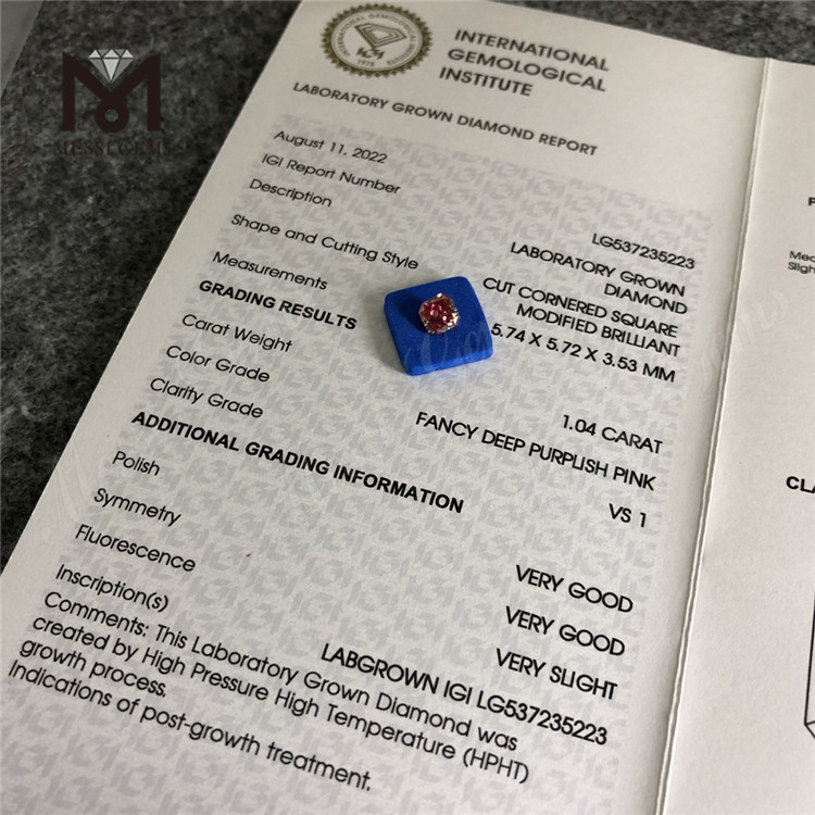 Diamante de laboratorio VS1 VG VG VS HPHT, CUADRADO DE 1,04 CT, ROSA MORADO PROFUNDO VS1 VG VG VS HPHT, diamante de laboratorio LG537235223 