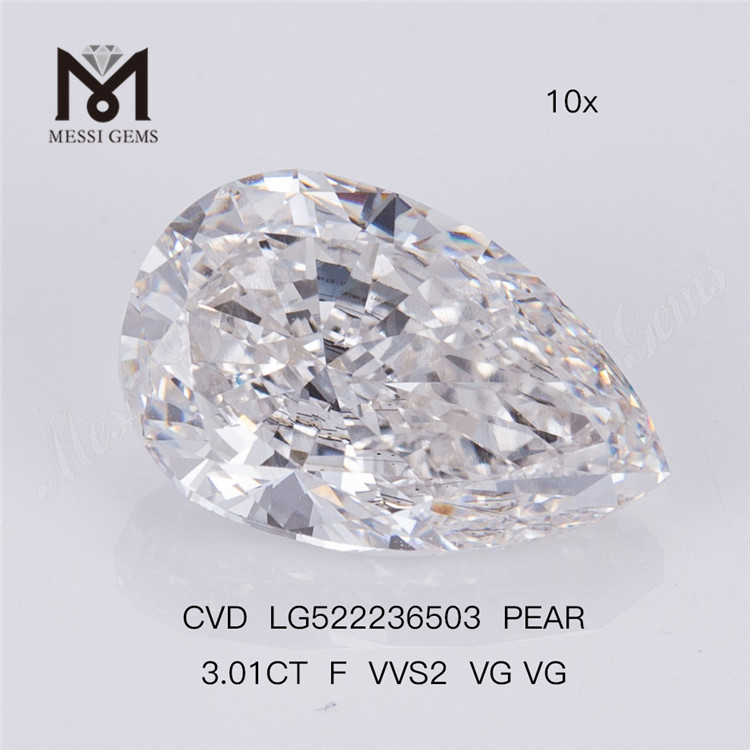 3.01CT F VVS2 VG VG CVD Forma de pera Diamante cultivado en laboratorio 
