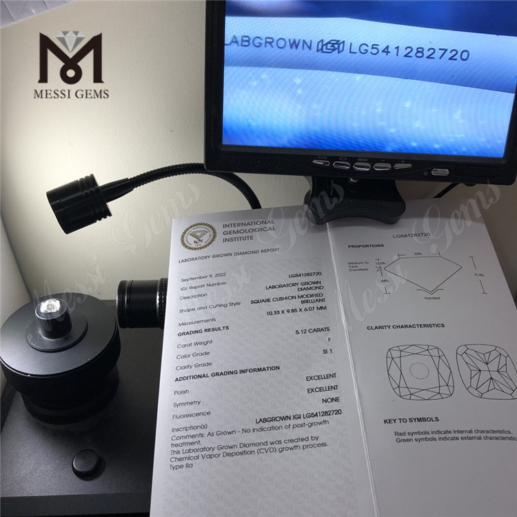 5.12CT F SI1 EX EX MODIFICADO Diamante brillante de talla cojín cultivado en laboratorio