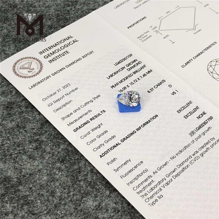 8.37CT D VS1 PEAR Diamante cvd cultivado en laboratorio de 8ct Ético y asequible LG602357759丨Messigems