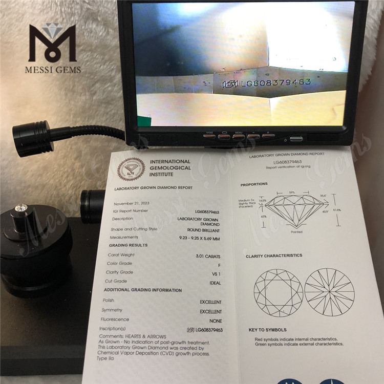 3.01CT F VS1 Diamante de laboratorio cvd redondo de 3 quilates Piedra preciosa ecológica 丨Messigems LG608379463