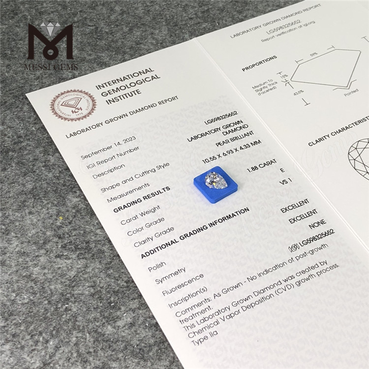1.88CT E VS1 EX EX PEAR Diamantes de laboratorio Pureza y brillo inigualables CVD LG598325652 丨Messigems