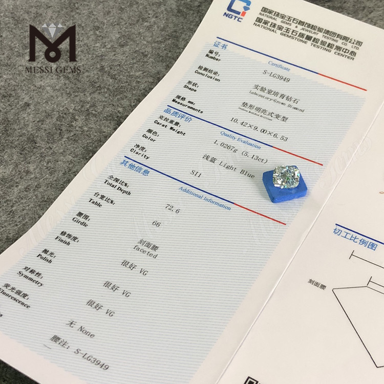 5.13CT COJÍN SI1 AZUL CLARO diamantes de laboratorio certificados IGI Certificado Sustainable Sparkle 丨Messigems CVD S-LG3949