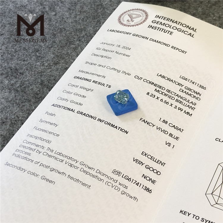 1.88CT VS1 EX VG CVD RECTANGULAR FANCY VIVID BLUE diamantes de fábrica LG617411386 丨Messigems