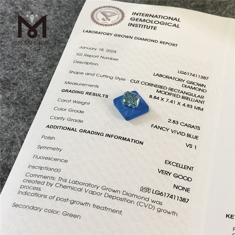 2.83CT VS1 EX VG RECTANGULAR FANCY VIVID BLUE CVD Diamante suelto creado en laboratorio LG617411387 丨Messigems