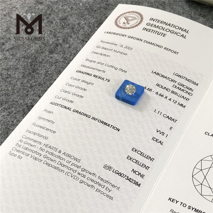 1.11CT E VVS1 ID costo de diamante CVD cultivado en laboratorio de 1 quilate para compras al por mayor 丨Messigems LG607342384