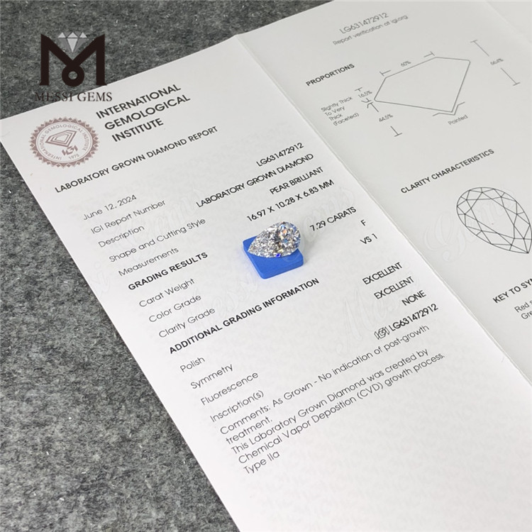 7.29CT F Diamante cultivado en laboratorio de pera VS1 EX EX CVD LG631472912 丨Messigems