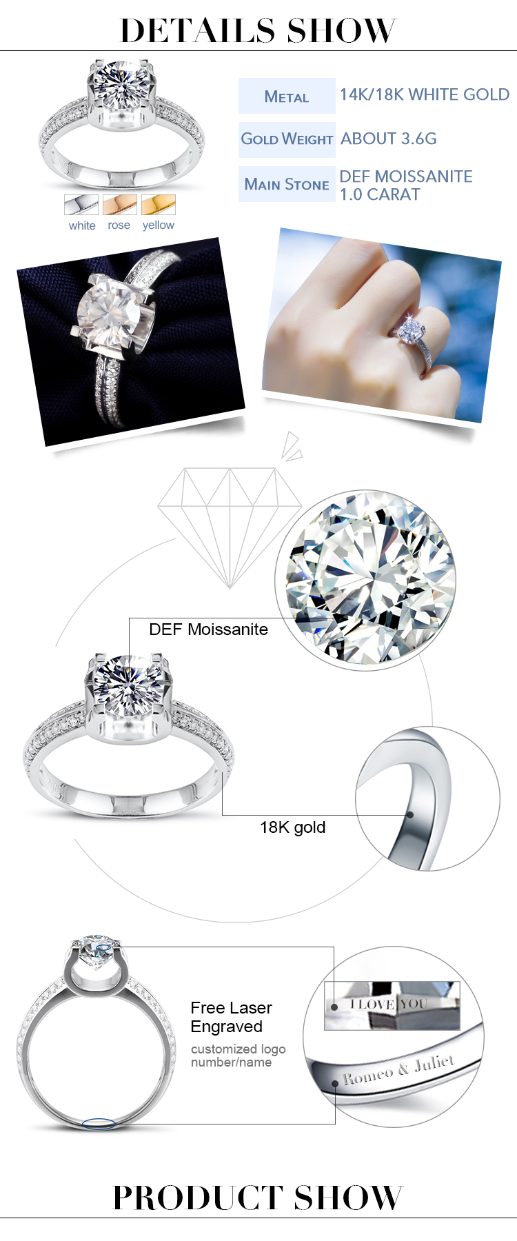 Detalles de anillo de oro real moissanite