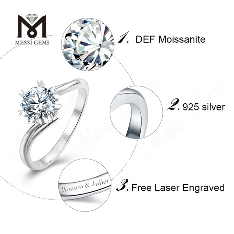 Messi Gems clásico 1 quilate moissanite diamante 925 anillos de mujer de plata esterlina