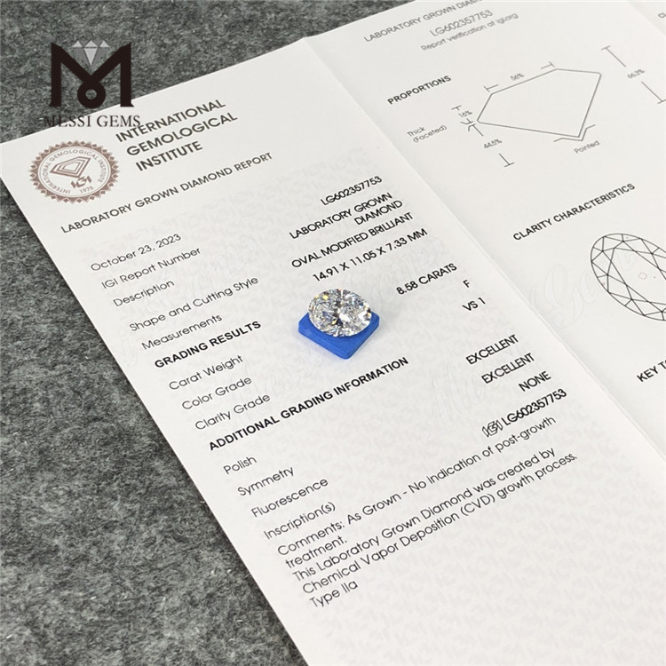  8.58CT F VS1 EX EX cvd OV diamante cultivado en laboratorio LG602357753 del laboratorio 丨Messigems