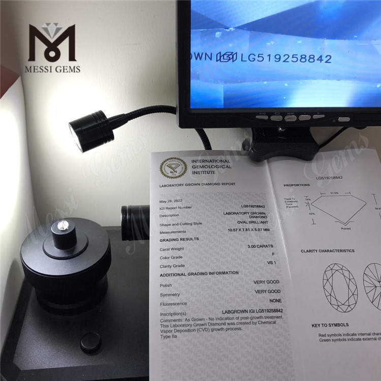 3ct F VS1 VG VG CVD IGI Man Made Diamond OVAL Alta calidad