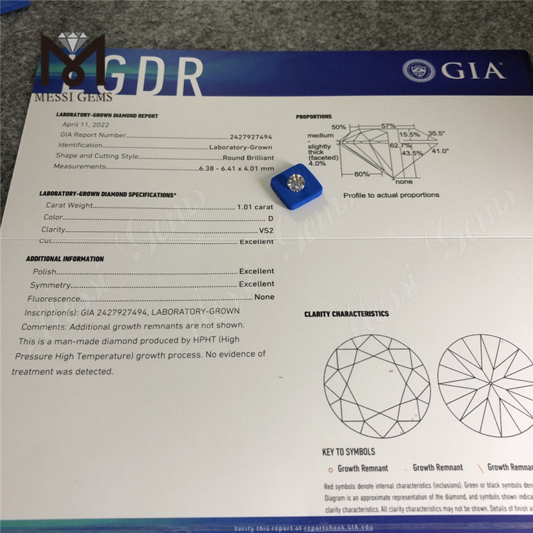 1.01CT D VS2 3EX Diamante de laboratorio suelto redondo HPHT