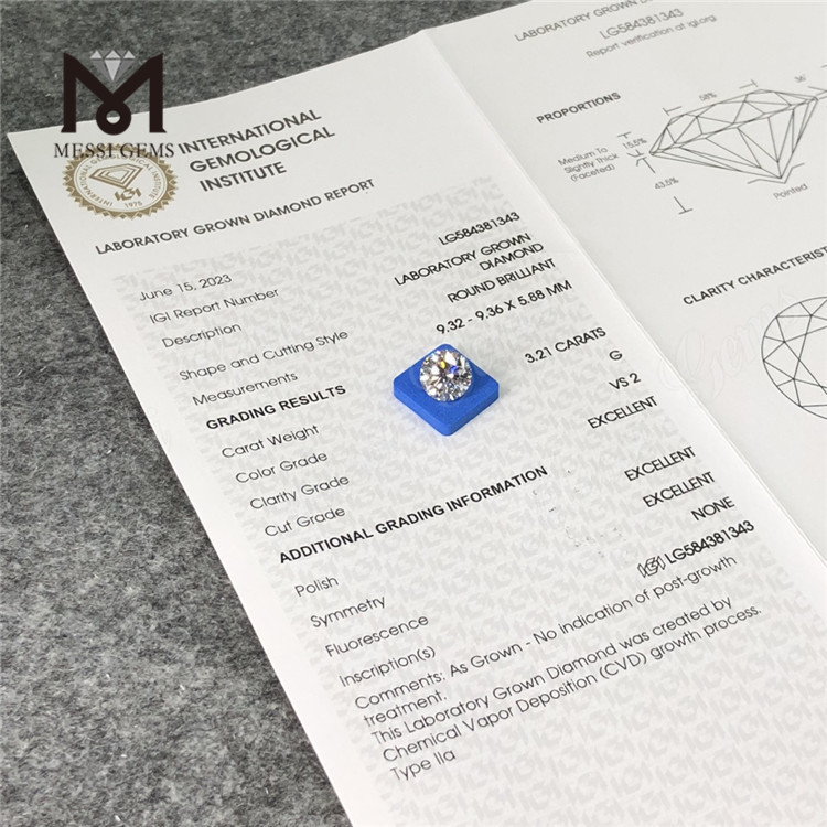 3.21CT G VS2 3EX CVD Diamantes cultivados en laboratorio LG584381343 Una alternativa ética y ecológica 丨Messigems 