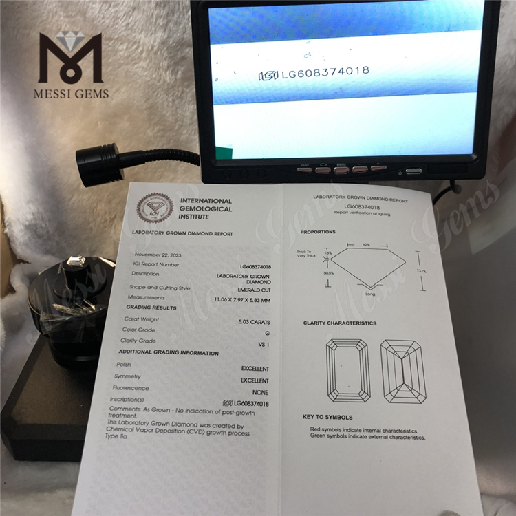5.03CT G VS1 Diamantes sintéticos de talla esmeralda en línea Brilla con confianza 丨Messigems CVD LG608374018