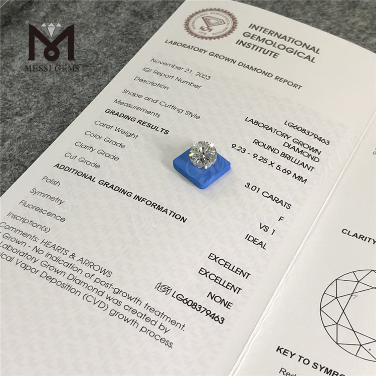 3.01CT F VS1 Diamante de laboratorio cvd redondo de 3 quilates Piedra preciosa ecológica 丨Messigems LG608379463