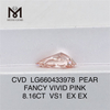 8.16ct elegante rosa vívido vs1 pera cvd no hecha diamantes minados LG660433978 