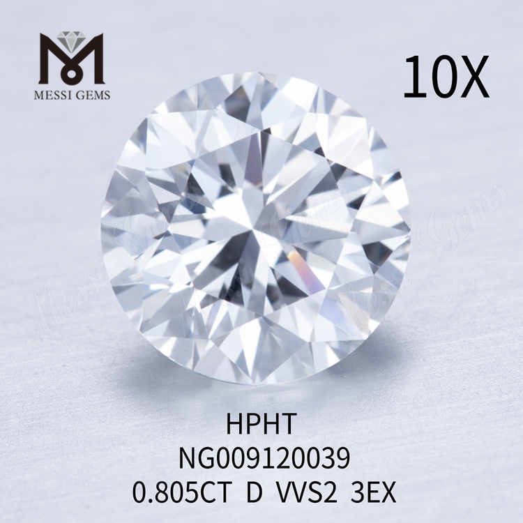 0.805CT D VVS2 diamante redondo blanco cultivado en laboratorio 3EX