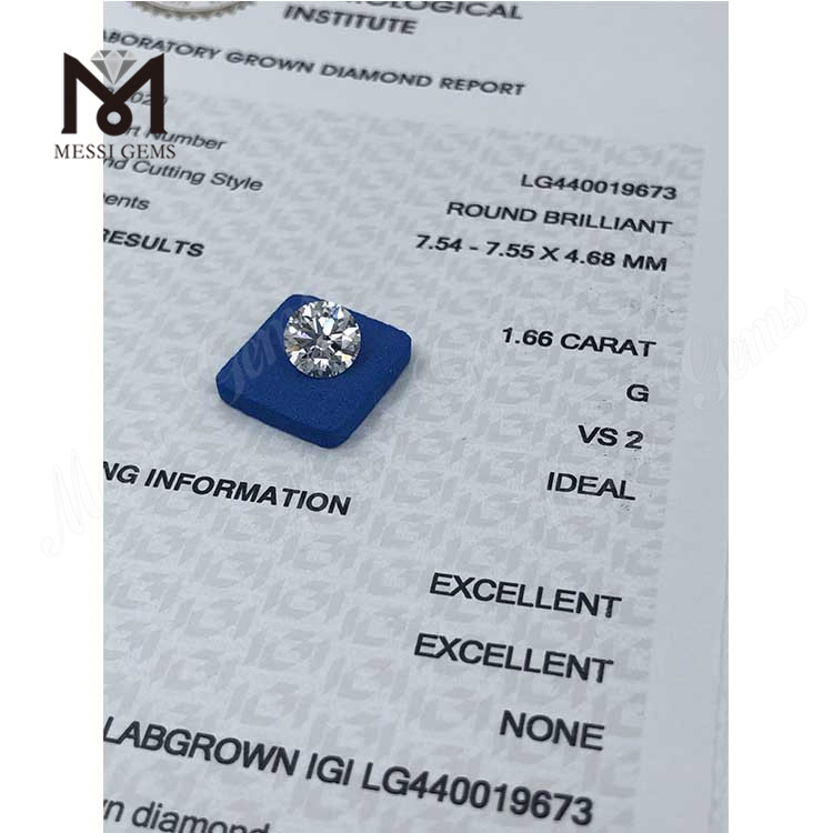Diamante cultivado en laboratorio redondo G VS2 IDEAL de 1,66 quilates