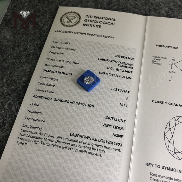 Diamantes de laboratorio F VS1 EX VG OV HPHT de 1,52 quilates