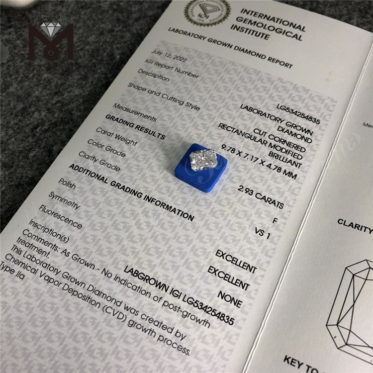 2.93CT RECTANGULAR Corte cvd diamante F Lab Diamond Certificado IGI
