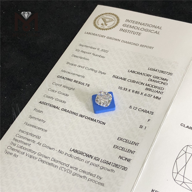 5.12CT F SI1 EX EX MODIFICADO Diamante brillante de talla cojín cultivado en laboratorio