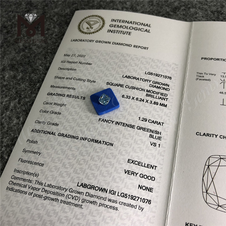 1.09CT CUADRADO FANCY BLUE VVS2 EX VG diamante de laboratorio CVD LG519271080 