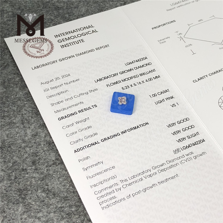 Diamante cultivado suelto con forma de flor rosa claro de 1,00 quilates VS1 CVD LG647442204