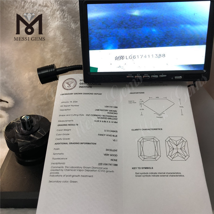 3.13CT VS1 EX VG RECTANGULAR FANCY VIVID BLUE CVD IGI diamantes creados en laboratorio LG617411388 丨Messigems
