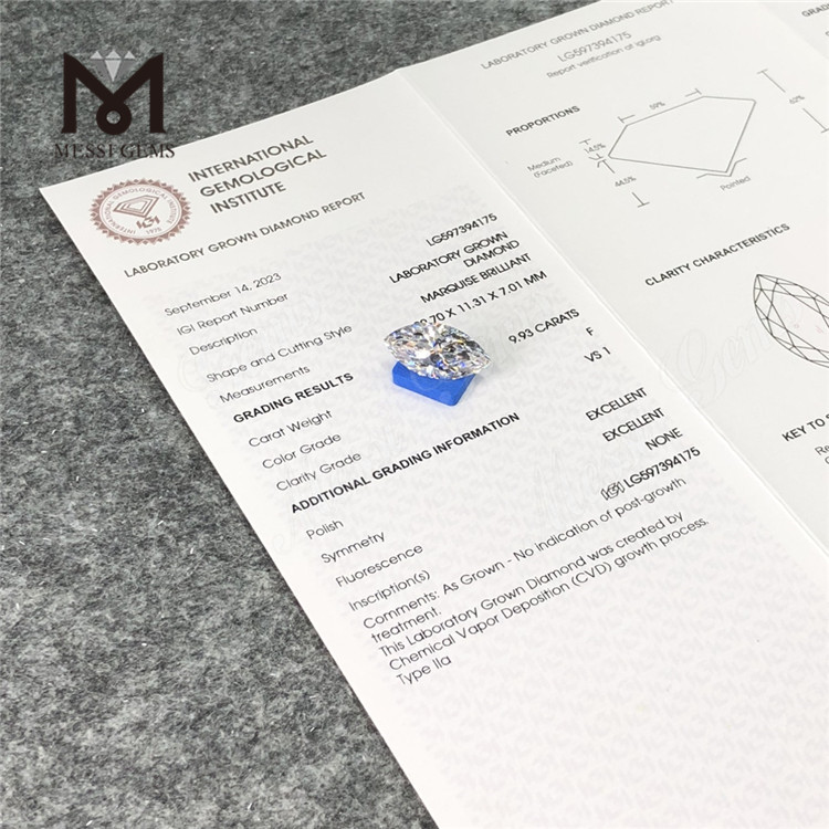 9.93CT F VS1 EX EX Levante su inventario con diamantes cultivados en laboratorio MQ CVD LG597394175 丨Messigems