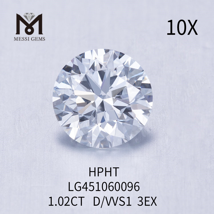 Diamante cultivado en laboratorio de grado de corte EX redondo D VVS1 de 1,02 quilates HPHT