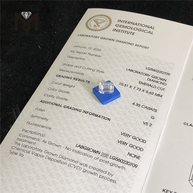 4.35CT G VS2 VG VG diamante de laboratorio de talla esmeralda CVD en oferta