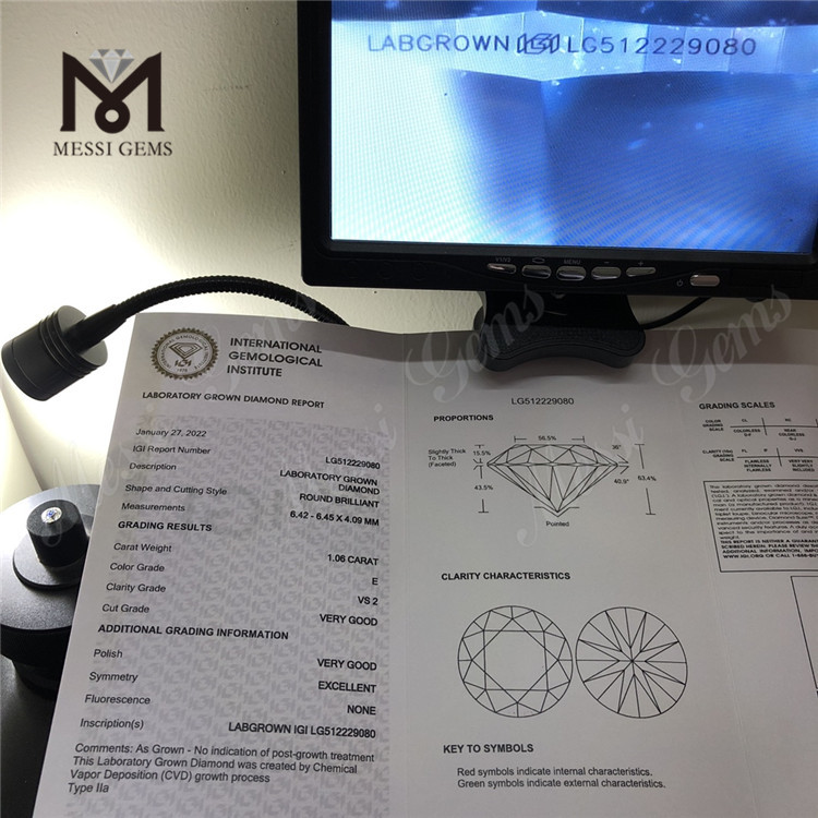 Venta al por mayor de diamantes cvd E de 1,06 quilates frente al fabricante de diamantes cultivados en laboratorio redondo EX