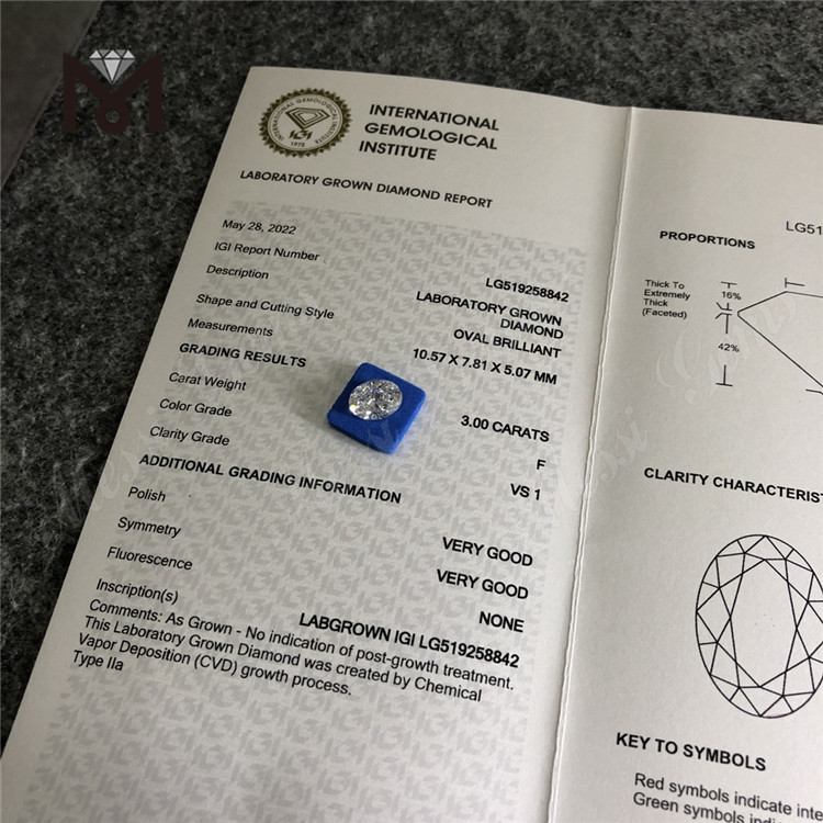 3ct F VS1 VG VG CVD IGI Man Made Diamond OVAL Alta calidad