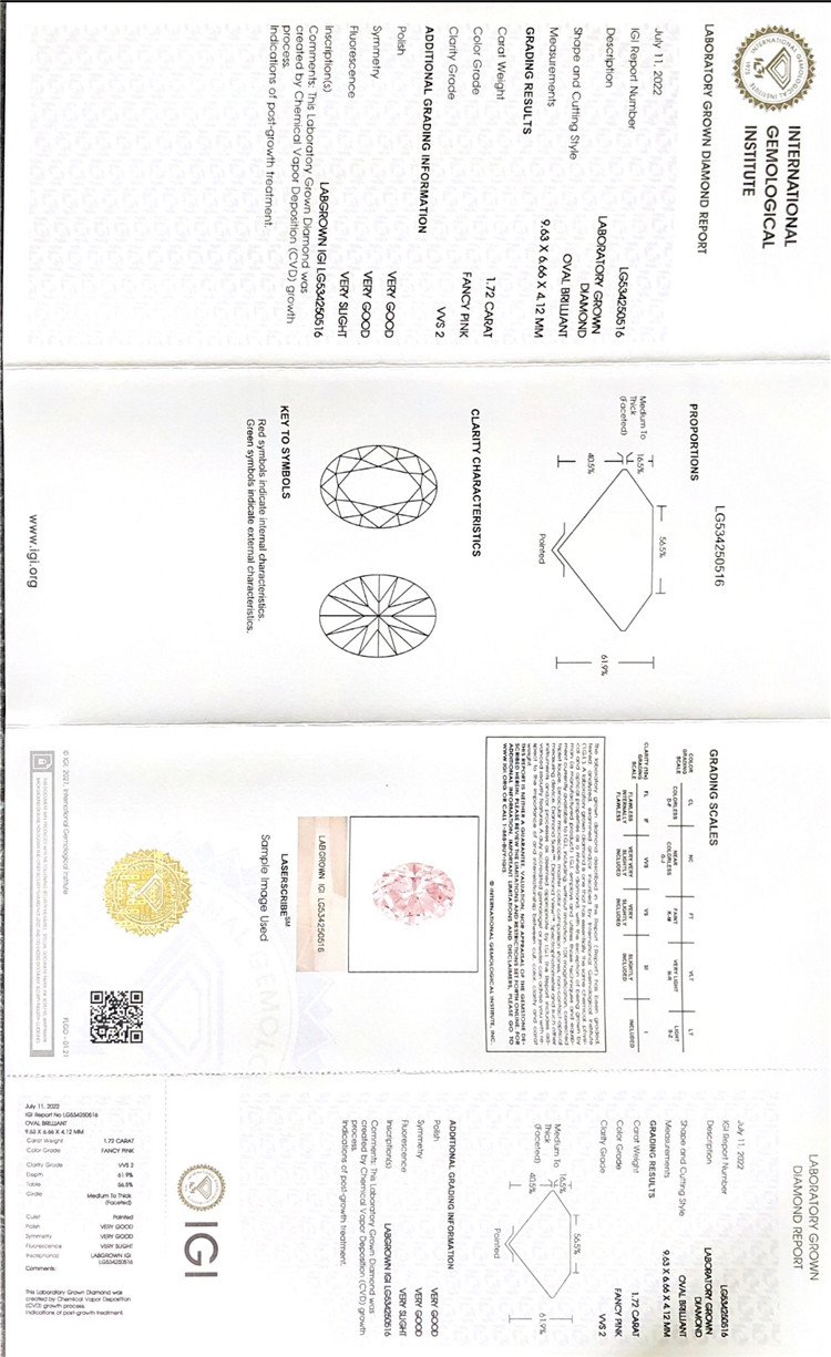 Precio barato de diamante de laboratorio de forma ovalada de diamante rosa vvs cvd de 1,72 quilates