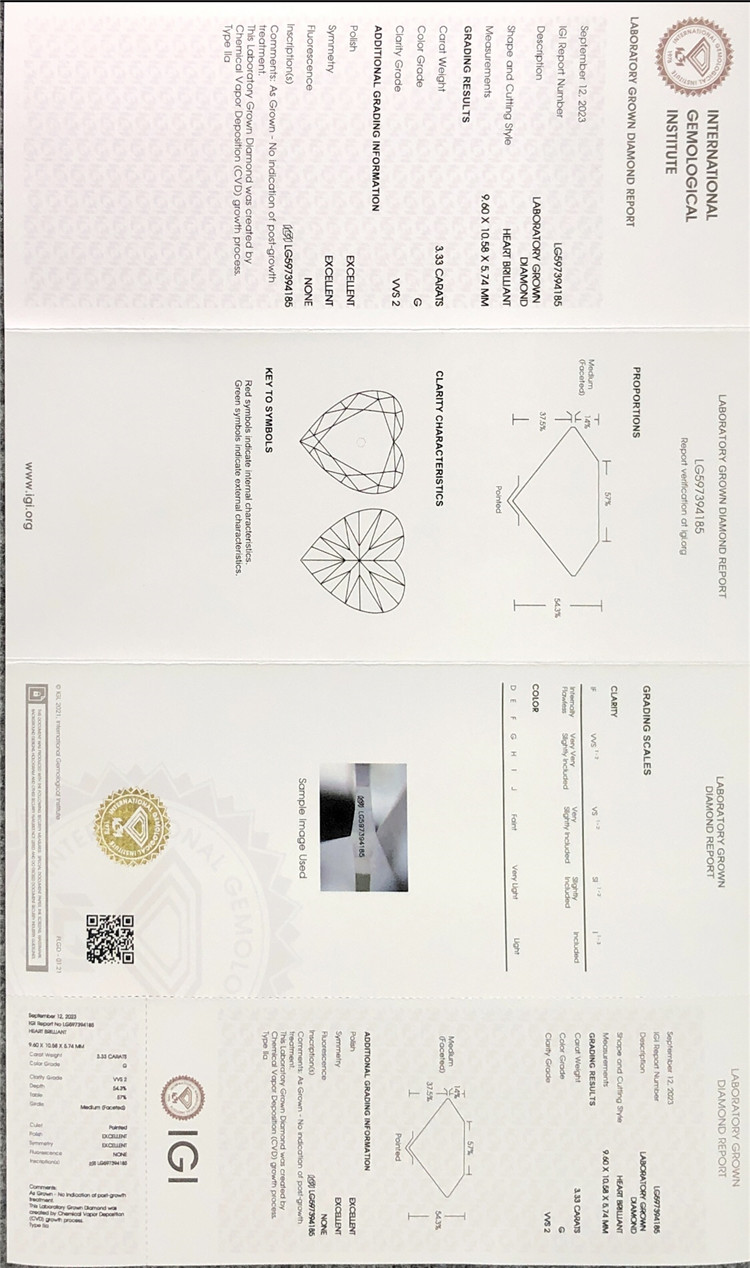 3.33CT G VVS2 EX EX HS Diamante cvd cultivado en laboratorio de 3 quilates LG597394185 丨Messigems 