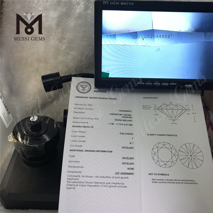5.05CT F SI1 3EX CVD Diamantes redondos cultivados en laboratorio precio barato 丨Messigems LG620446921 
