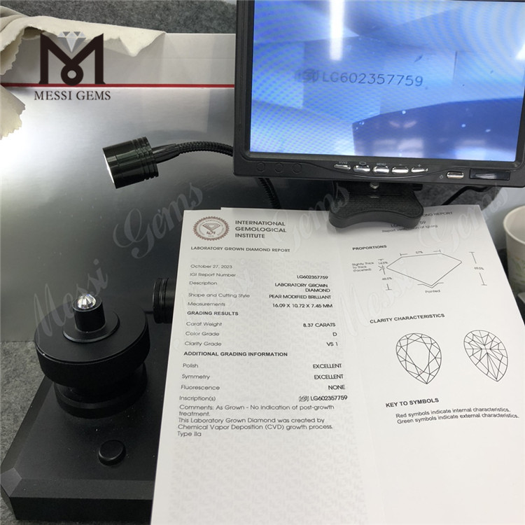8.37CT D VS1 PEAR Diamante cvd cultivado en laboratorio de 8ct Ético y asequible LG602357759丨Messigems