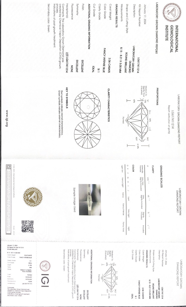Diamante cultivado en laboratorio igi azul de 2 quilates