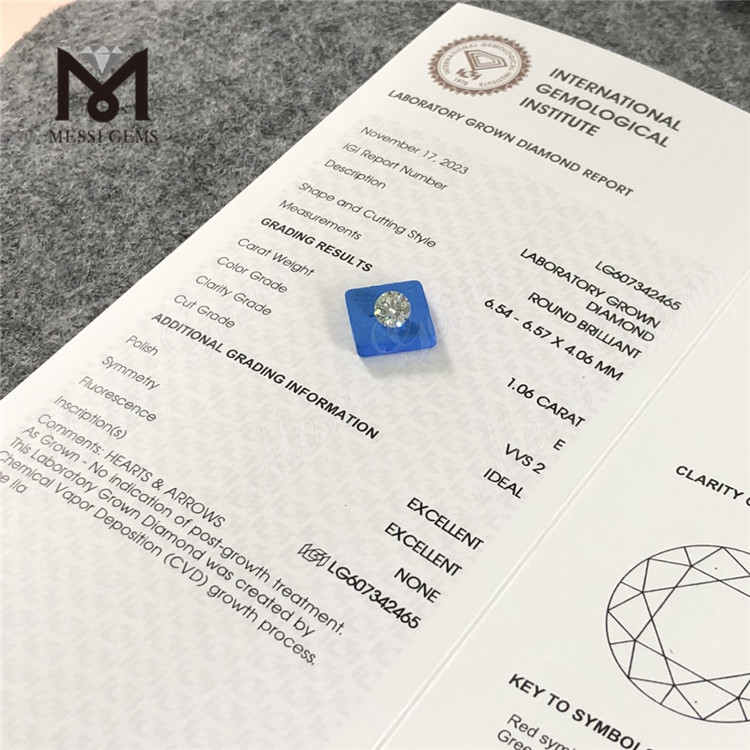 1.06CT CVD E VVS2 precio de diamante cultivado en laboratorio de 1 quilate para B2B 丨Messigems LG607342465 