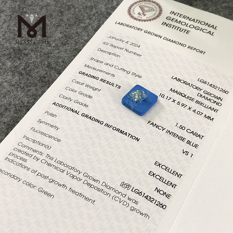 1.50CT diamantes cultivados por el hombre MQ VS1 FANCY INTENSE BLUE丨Messigems CVD LG614321260 