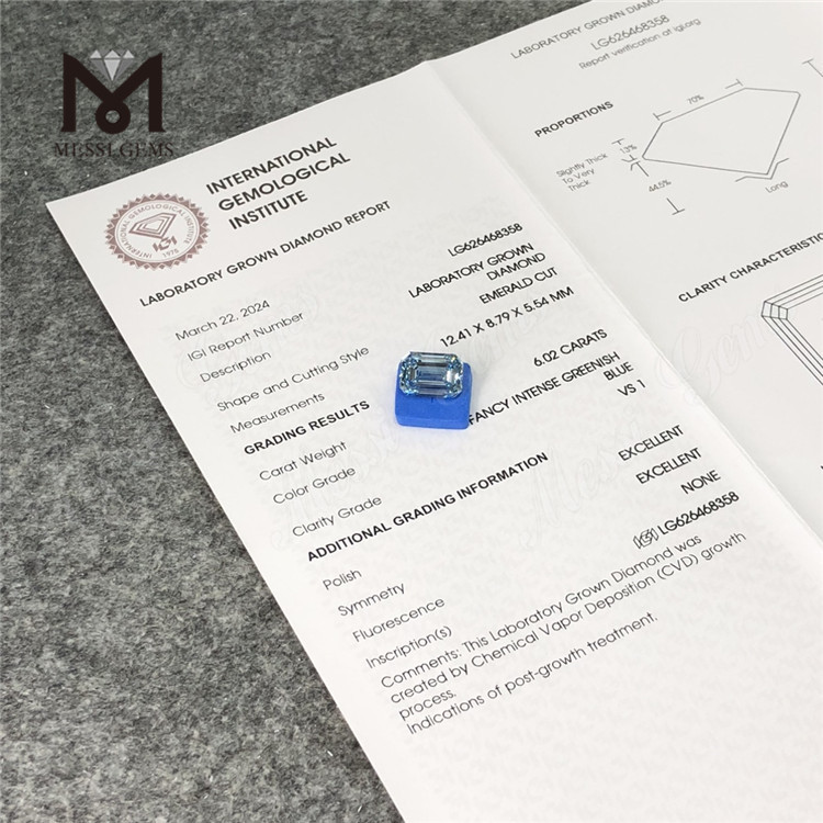 Diamantes cultivados en laboratorio de talla esmeralda azul de 6,02 quilates VS1 CVD LG626468358 丨Messigems 