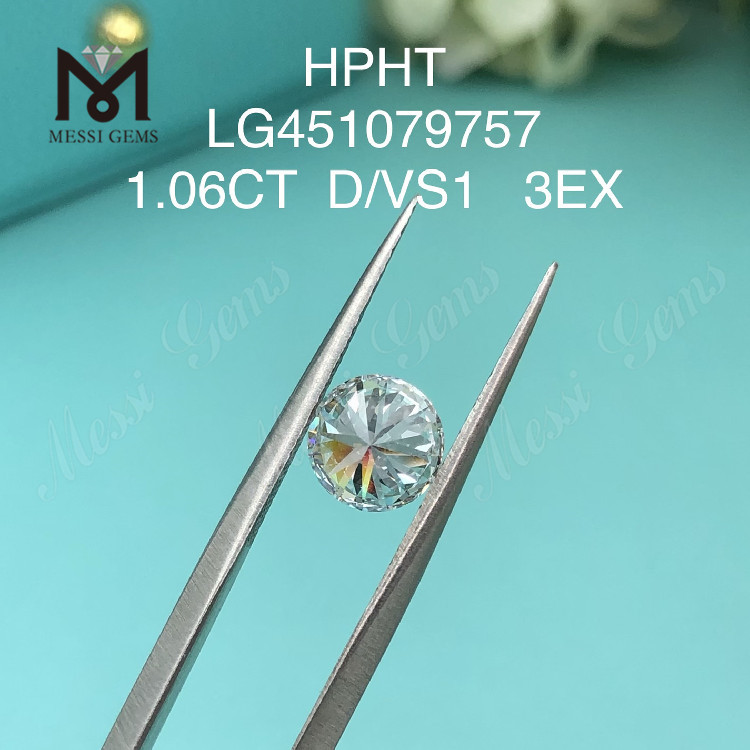 Diamantes de laboratorio de grado de corte HPHT D VS1 RD EX de 1,06 ct