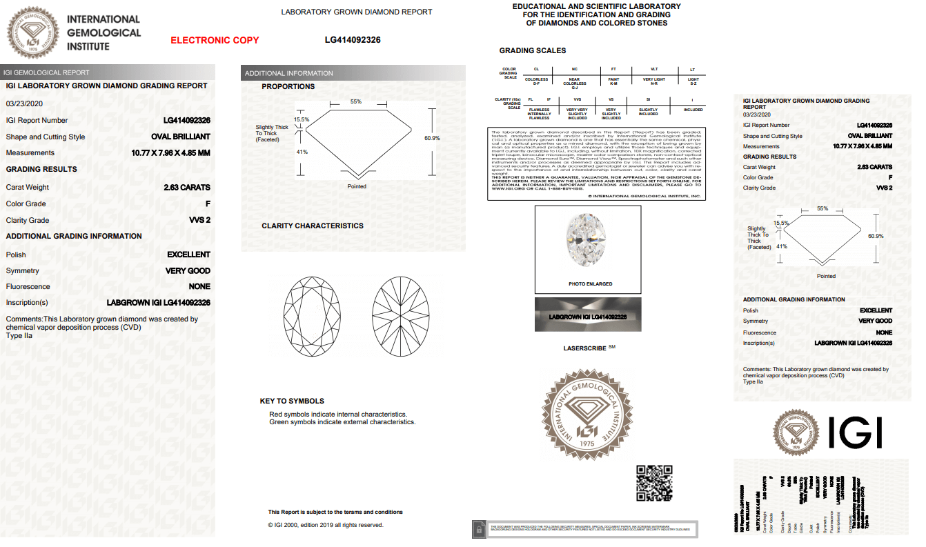 2.03ct D VS1 OVAL certificado IGI de diamantes cultivados en laboratorio 