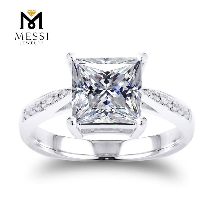 Anillo de diamante cultivado en laboratorio de corte princesa cuadrado Anillo de oro blanco de 14k 18k para joyería de mujer