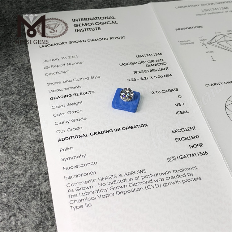 2.10CT D VS1 ID EX EX CVD Diamantes fabricados Precio al por mayor LG617411346
