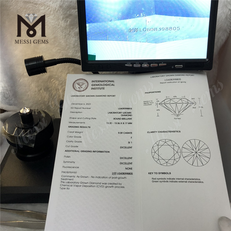 9.09CT F SI1 3EX CVD Diamante cultivado en laboratorio Perfección certificada IGI de China 丨Messigems LG608398805