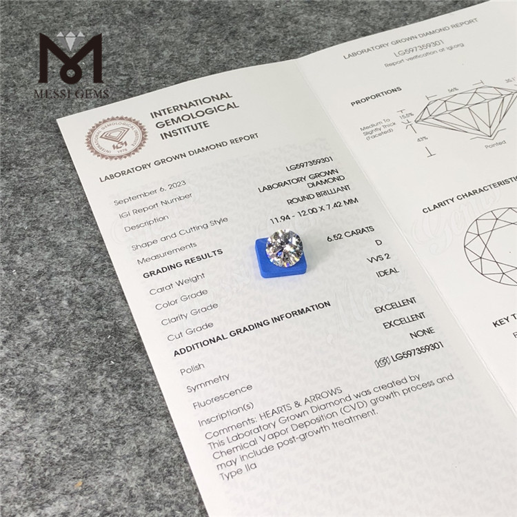6.52CT D VVS2 ID EX EX CVD diamantes cultivados en laboratorio Su fuente para compras al por mayor LG597359301丨Messigems